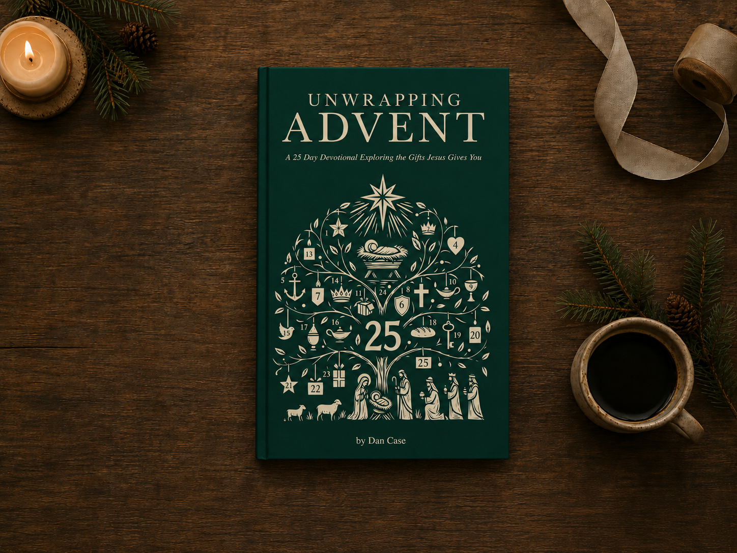 Unwrapping Advent hardcover on a wood table with coffee, a candle, ribbon, and evergreen sprigs