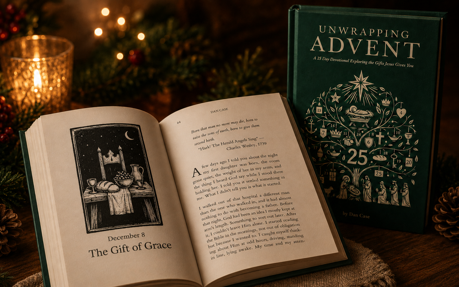 Open Unwrapping Advent showing December 8, The Gift of Grace, beside the hardcover edition by candlelight