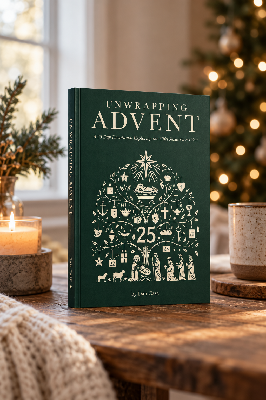 Unwrapping Advent hardcover standing on a wood table beside a lit candle, coffee mug, knit throw, and a lit Christmas tree